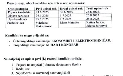 NATJEČAJ ZA UPIS REDOVITIH UČENIKA U PRVI(I.)RAZRED SREDNJE ŠKOLE NEUM U ŠKOLSKOJ 2025./2026.GODINI