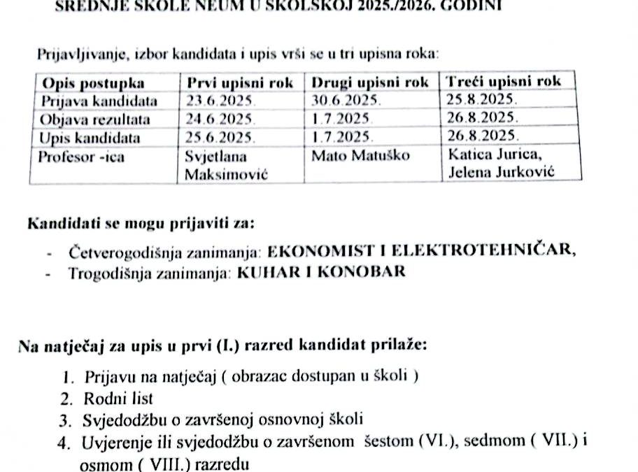 NATJEČAJ ZA UPIS REDOVITIH UČENIKA U PRVI(I.)RAZRED SREDNJE ŠKOLE NEUM U ŠKOLSKOJ 2025./2026.GODINI