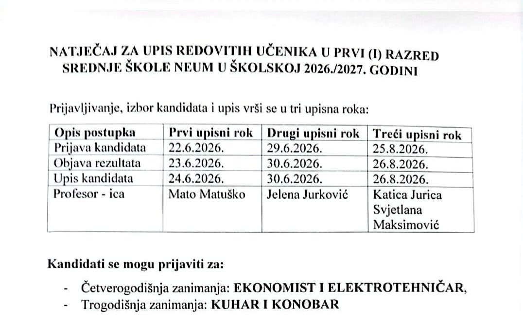 Natječaj za upis u prvi (I.)razred redovitih učenika u Srednjoj školi Neum u školskoj 2026./27 godini