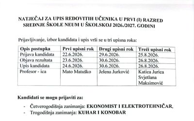 Natječaj za upis u prvi (I.)razred redovitih učenika u Srednjoj školi Neum u školskoj 2026./27 godini